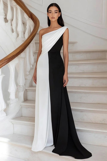 One Shoulder Black And White A Line Formal Dress
